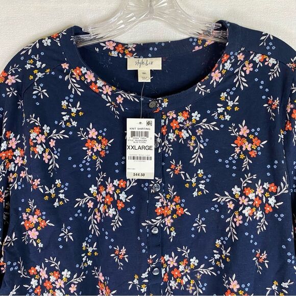 Style & Co Top Women’s Blue Floral Long Sleeve Henley Casual Crew Neck XXL - Picture 3 of 10